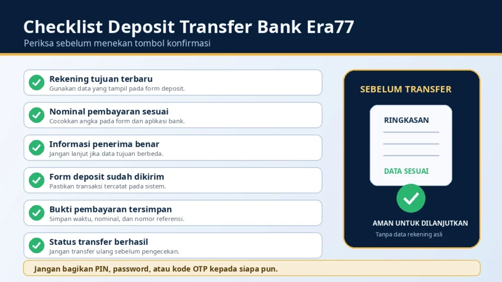 Checklist deposit transfer bank Era77 sebelum pembayaran