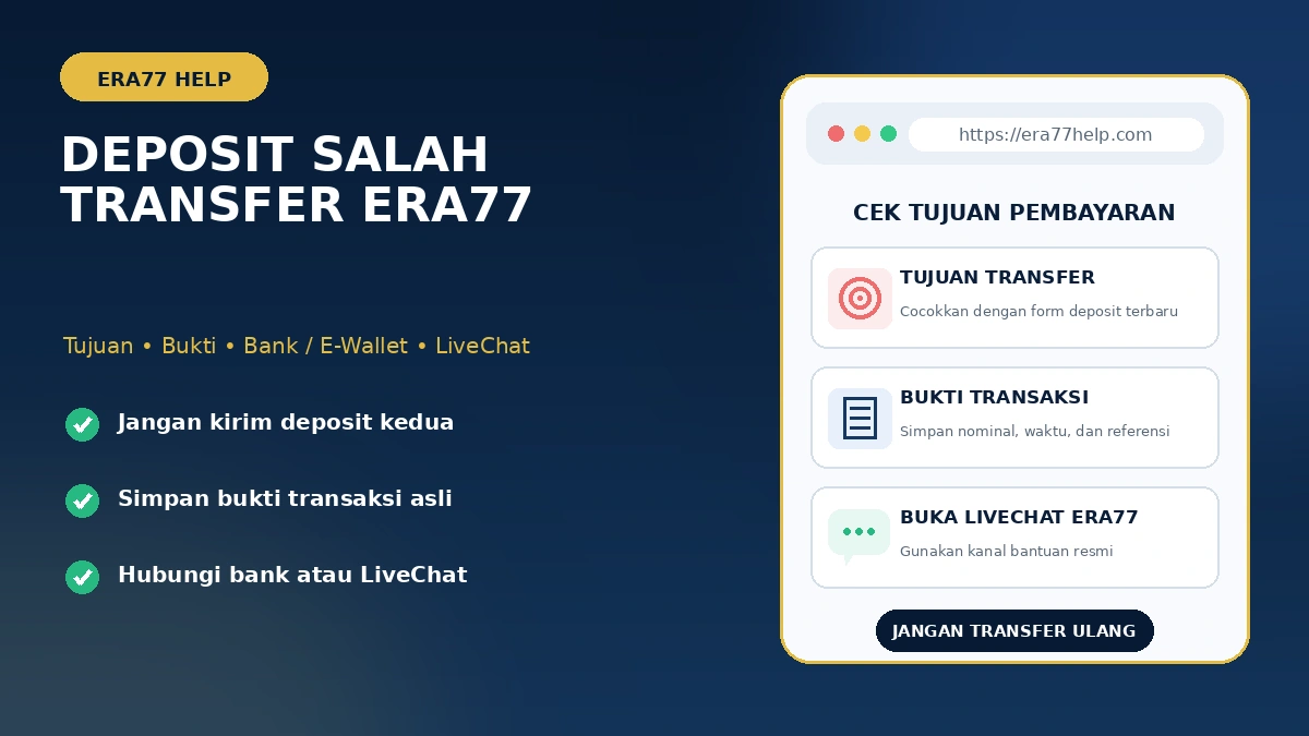 Deposit Era77 salah transfer: periksa tujuan pembayaran, simpan bukti transaksi, dan gunakan LiveChat resmi